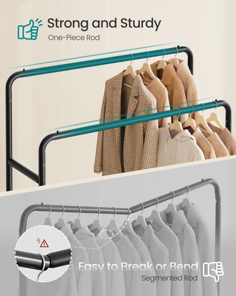 SONGMICS Clothes Rack, Garment Rack On Wheels, Coat Rack, 2 Lockable Wheels, Bedroom, Double Rods, Holds Up To 90 Kg, 46.5 X 110 X 155.5 Cm, Ink Black