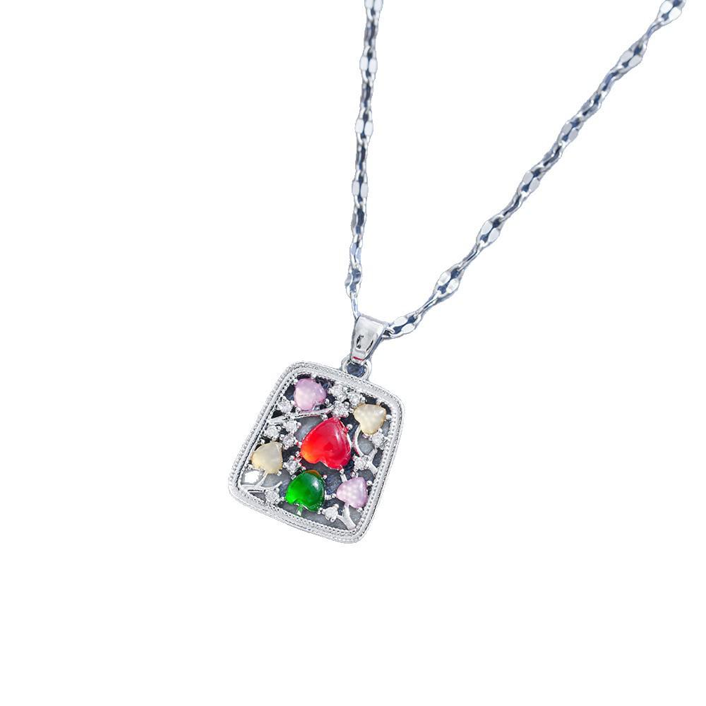 Stylish Women's Colorful Cat's Eye Bohemian Square Pendant Necklace with Stainless Steel Clavicle Chain