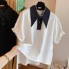 Elegant Short Sleeve Summer Split Blouse Women Loose T-shirt 2023 Fashion Drop Tops Casual Shirt White And Black Patchwork 27516