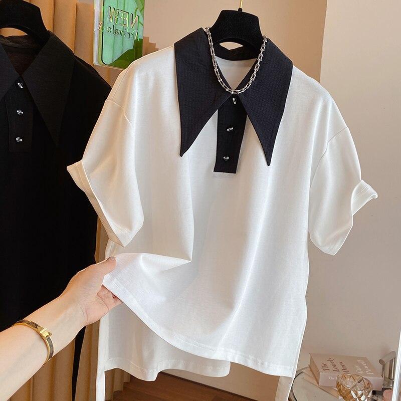 Elegant Short Sleeve Summer Split Blouse Women Loose T-shirt 2023 Fashion Drop Tops Casual Shirt White And Black Patchwork 27516