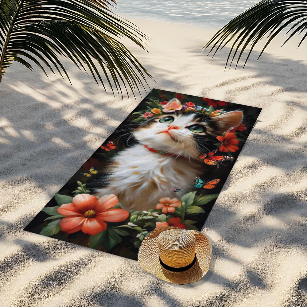 Ultra Soft Cat Print Microfiber Beach Towel, Quick Dry for Beach Pool Bath Yoga Camping