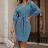 Women Dress  Color V-neck Bandage Lace Patchwork Long Sleeve Evening Dress