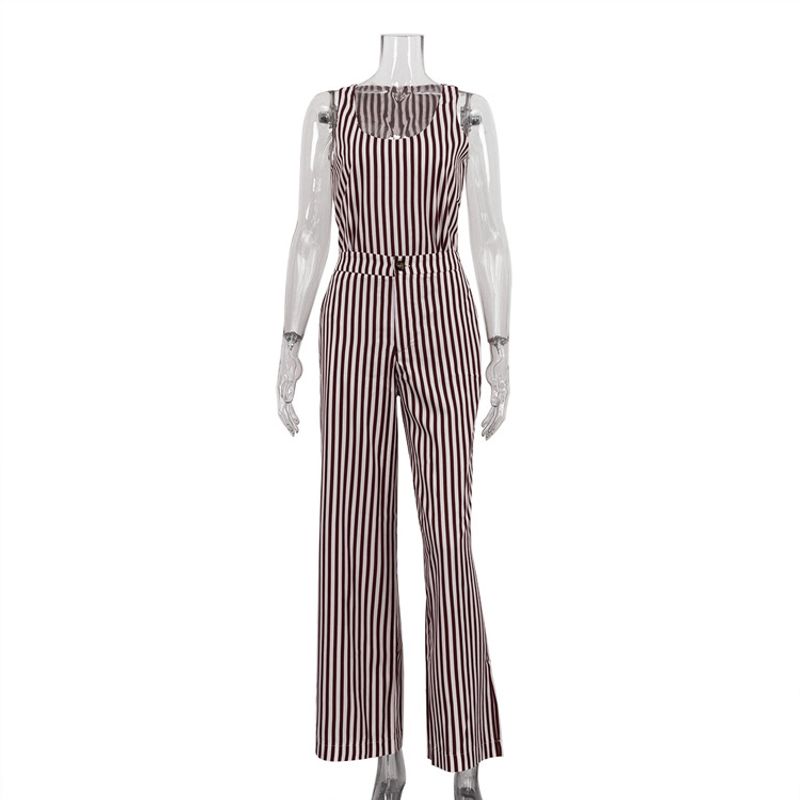 

Western Style Stripe Sleeveless Vest High Waist Trousers Set Fashion Striped Two-Piece Set Brown L