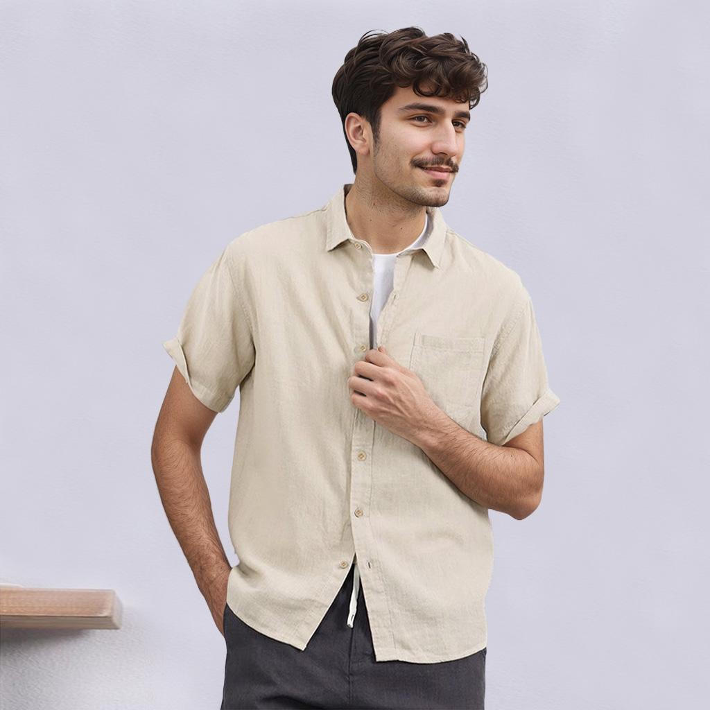 Men's Short-Sleeved Cotton Linen Shirts Summer Breathable Solid Color Casual Beach Style Plus Size Tops
