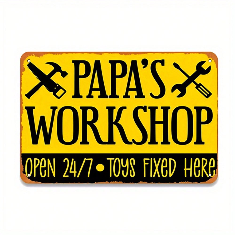 Vintage Rustic Metal Wall Art Sign "PAPA's WORKSHOP" 8x12 Inch Distressed Iron Decor
