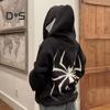 Płaszcz unisex Nadruk pająka Ciemny punkowy styl unisex Halloweenowy kostium Główna ulica Hip Hop Miękki pluszowy, zapinany na zamek, długi rękaw z kapturem, zimowy płaszcz jesienny