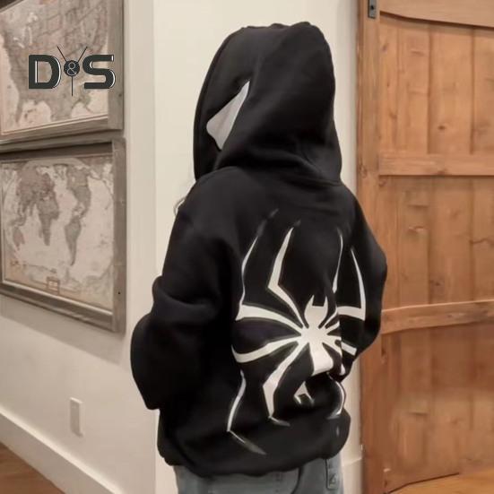 Płaszcz unisex Nadruk pająka Ciemny punkowy styl unisex Halloweenowy kostium Główna ulica Hip Hop Miękki pluszowy, zapinany na zamek, długi rękaw z kapturem, zimowy płaszcz jesienny