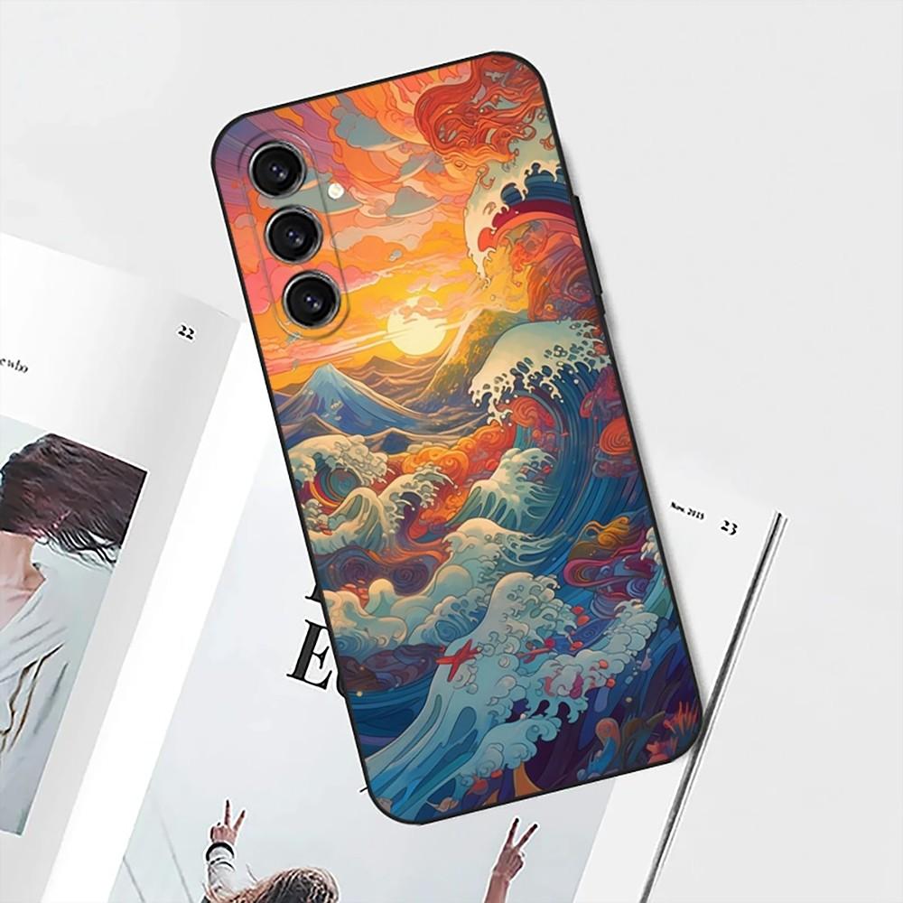 Ukiyo Ocean Waves Phone Case For Samsung S25,S24,S21,S22,S23,S30,Ultra,S20,Plus,Fe,Lite,Note,10 Black Soft Shell