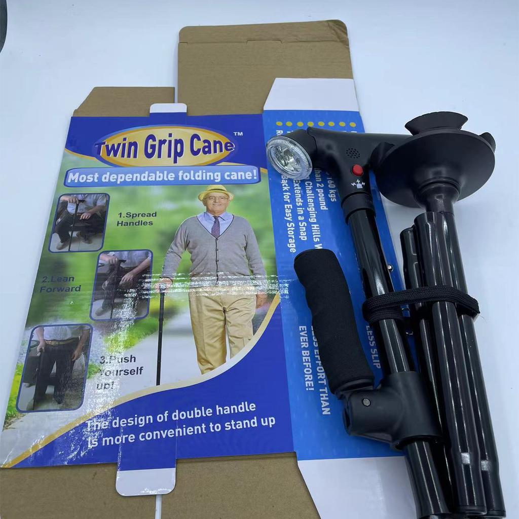 Double Handle Cane with Alarm & LED Light, Adjustable Walking Stick for Seniors, Elderly Crutch for Outdoor, Indoor Use - Foldable, Portable