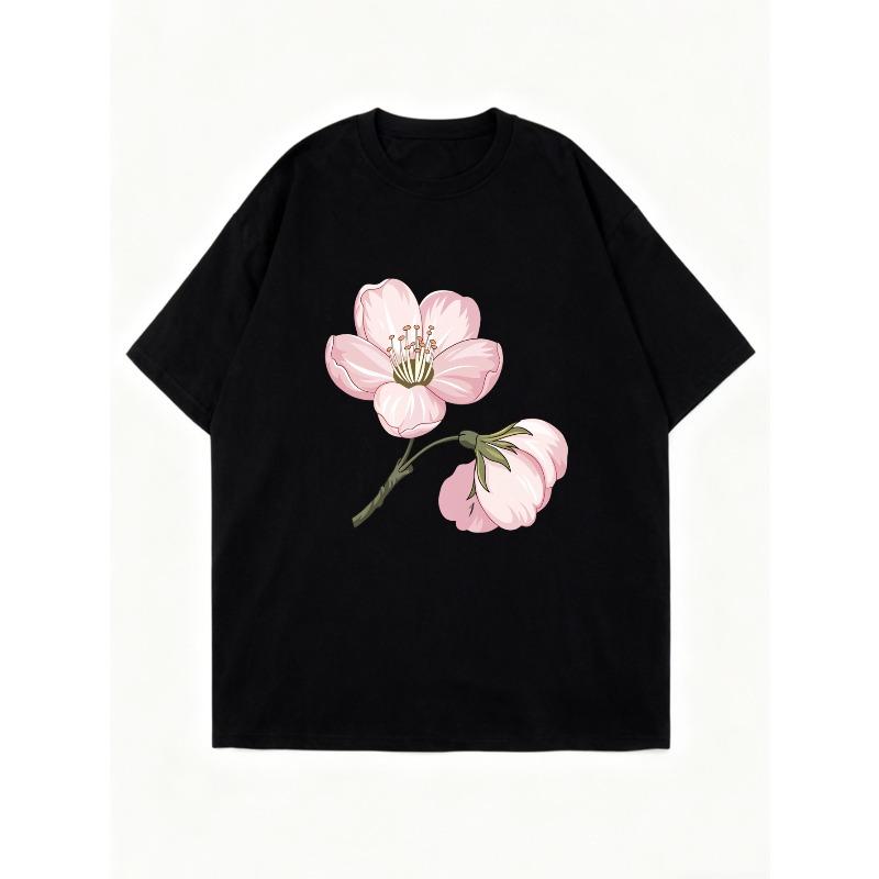 Oversized T-shirtklänning Svart Körsbärsblommig Blommig Tryck Dam Vardaglig Sommaroutfit