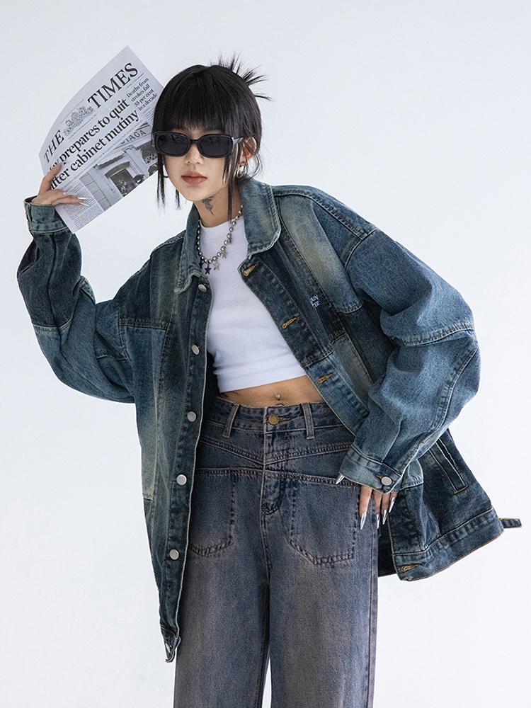 

Женская джинсовая куртка в стиле ретро с цветными блоками и пэчворком - Новый свободный крой, универсальный дизайн для начала осени 2XL синий