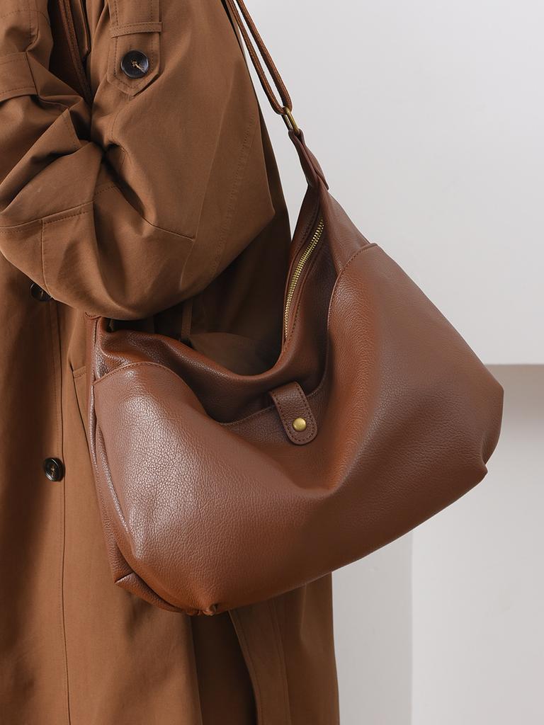 Solid Color Soft Leather Shoulder Crossbody Bag For Women Large Capacity Leisure Shopping Handbag Diagonal Pack Vintage Hobo Bag