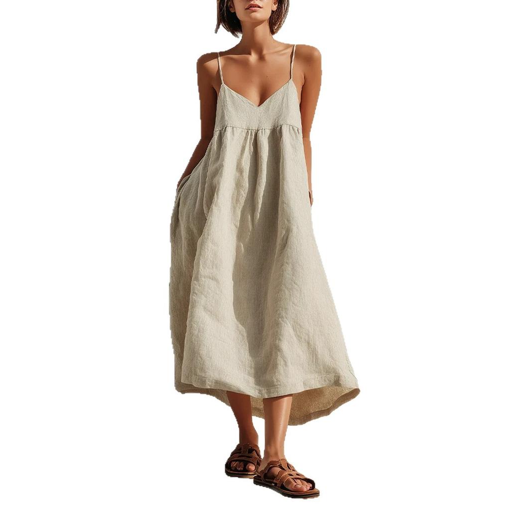 European and American Summer New V-neck Suspender Linen Skirt Simple and Elegant Wind Loose Version Dress
