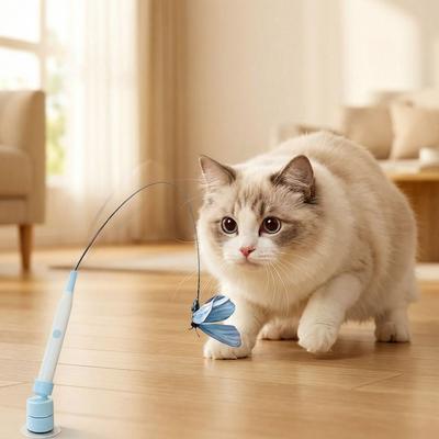 Long Rod Electric Cat Toy Steel Wire with Suction Cup Butterfly Flying Toy 360° Swivel Cat Teasing Stick Cat Teasing