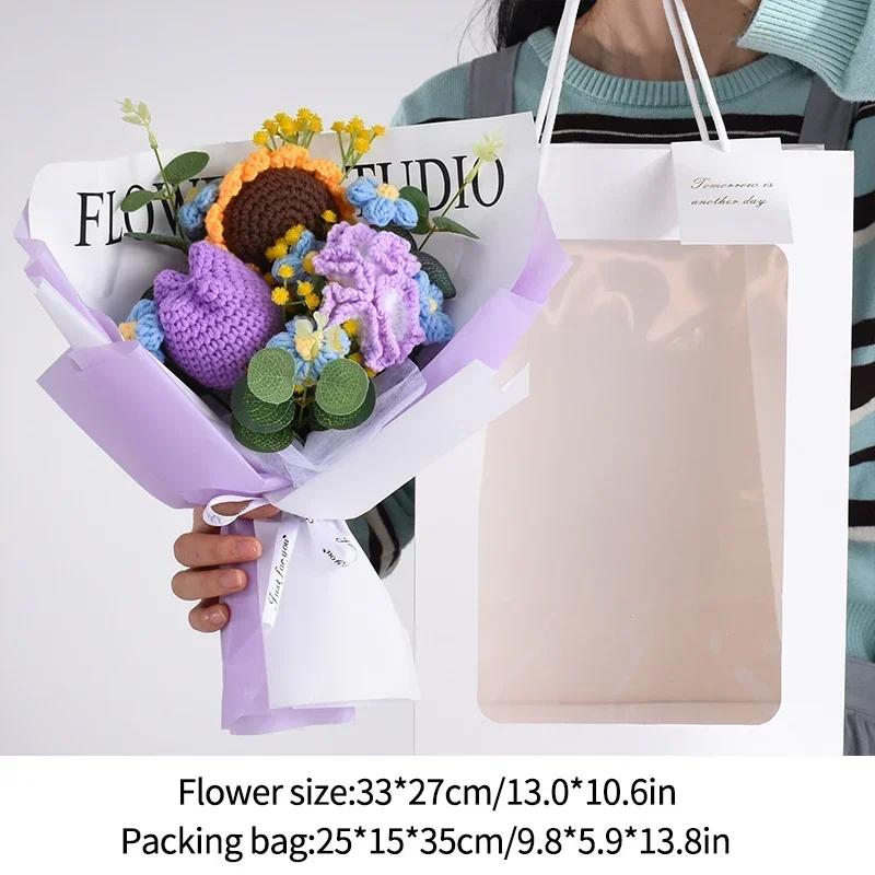 Rose Knitted Flowers Bouquet Crochet Flower For Back To School Handmade Bouquets Wedding Christmas Halloween Gift Home Decor
