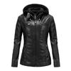 European Women's Slim Fit PU Leather Motorcycle Jacket with Detachable Hood