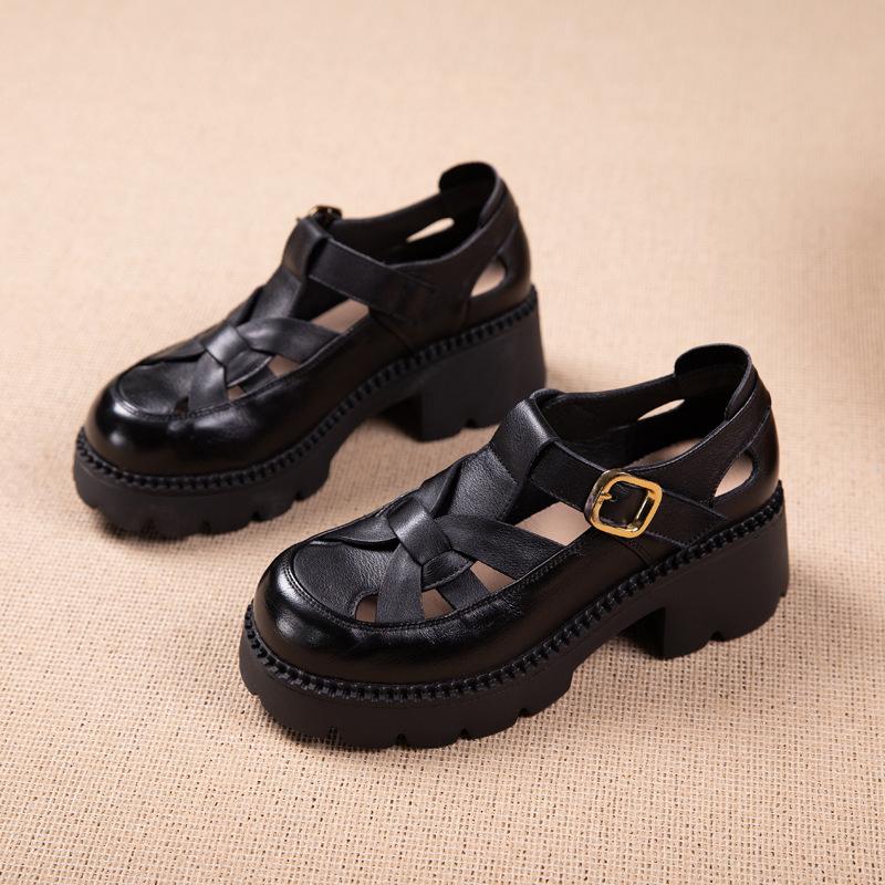 The First Layer of Cowhide Loafers Women's Summer 2025 New Leather Casual Brock Roman Platform Sandals Women's Shoes