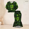 Women Plus Size Round Neck Batwing Sleeve Black Green Clover Printed Ruffle Hem Top Fishtail Skirt Two Piece Set