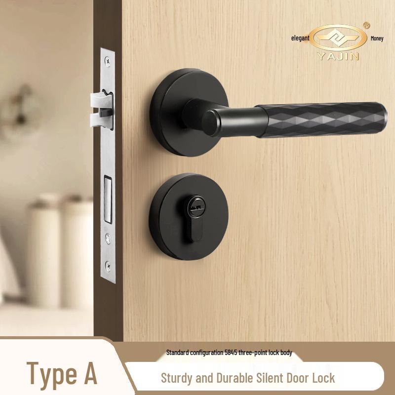 Black Knurled Magnetic Silent Door Handle with Lock for Bedroom Wood Doors