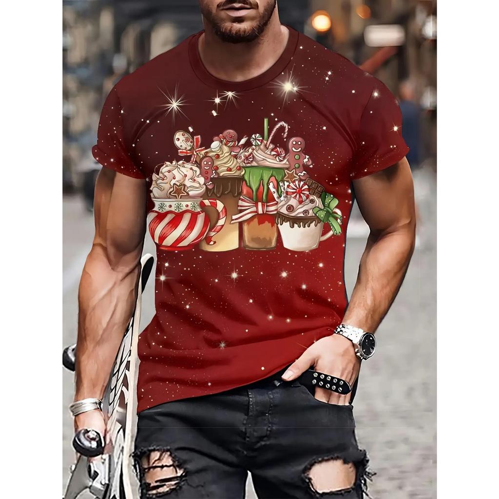 Weihnachtselement T-Shirt für Herren Lustiger Weihnachtsmann 3D-Druck Kurzarm T-Shirt Sommer Casual Rundhals Oversized Herrenbekleidung Top