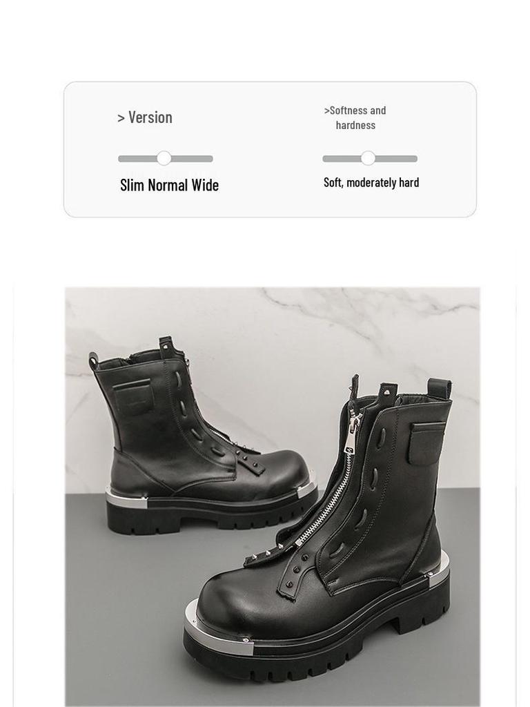 Herbstliche High-Top Lederstiefel - Dicksohlige Reißverschluss-Stiefeletten für Herren im britischen Stil, höhenerhöhende Freizeit- und formelle Kleidung.