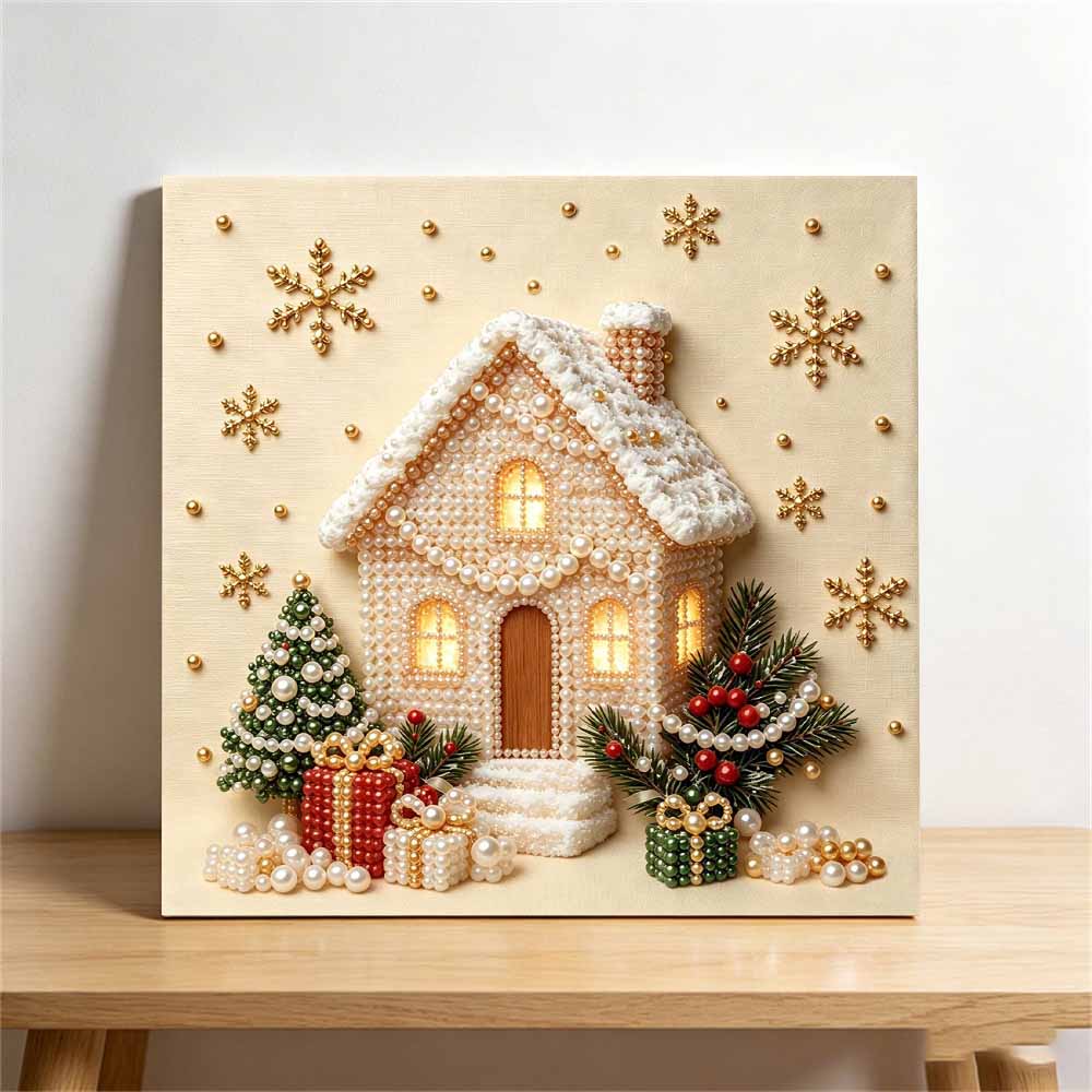 Framed Pearl Bead Art Set with Winter Christmas House DIY Sparkling Canvas Painting Relaxing Hobby Gift for Meditation Room Decoration