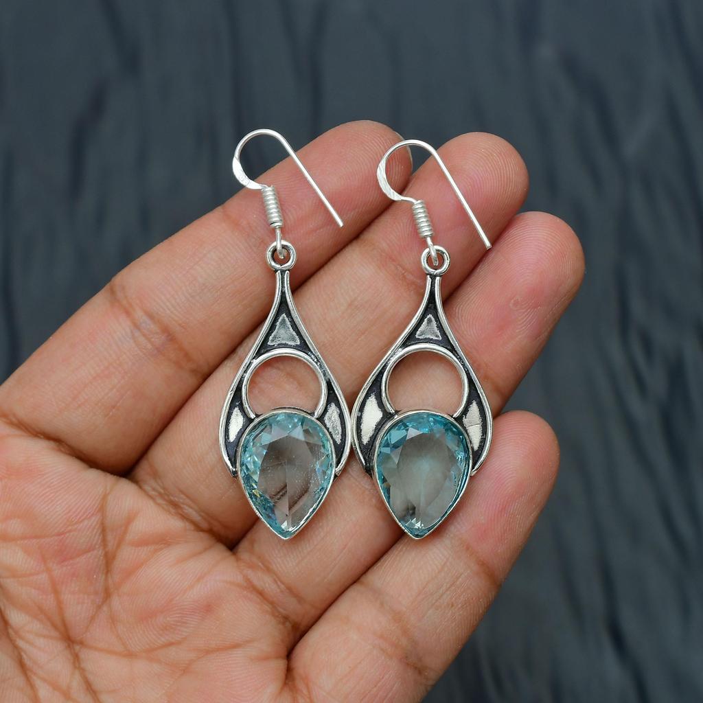 Aquamarine Gemstone Handmade 925 Sterling Silver Jewelry Earring