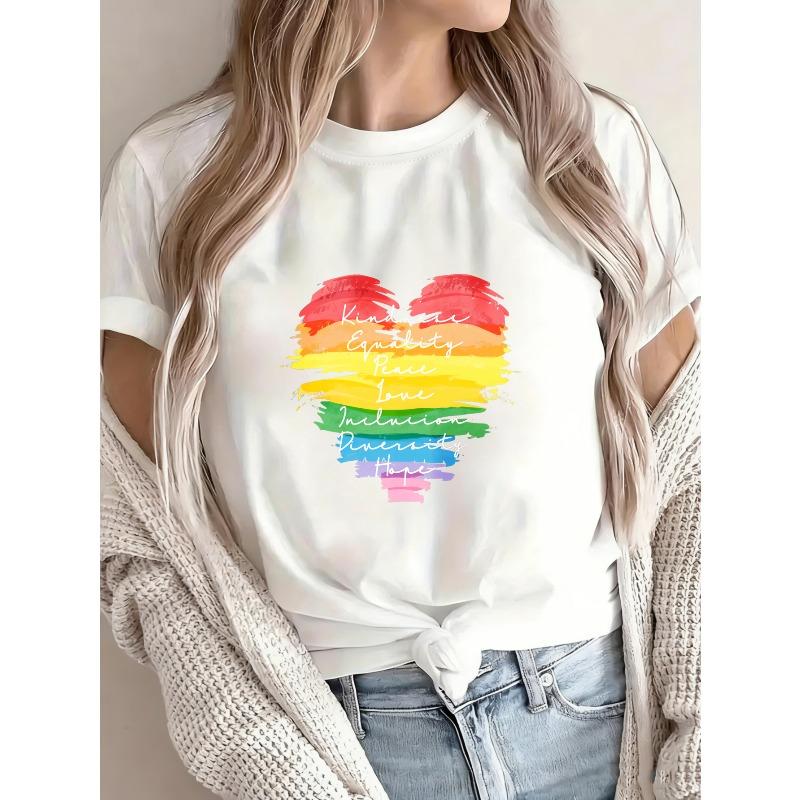 White T-Shirt With Rainbow Heart Print Kindness Equality Peace Love Inclusion Diverse Hope Design For Casual Wear And Pride Events