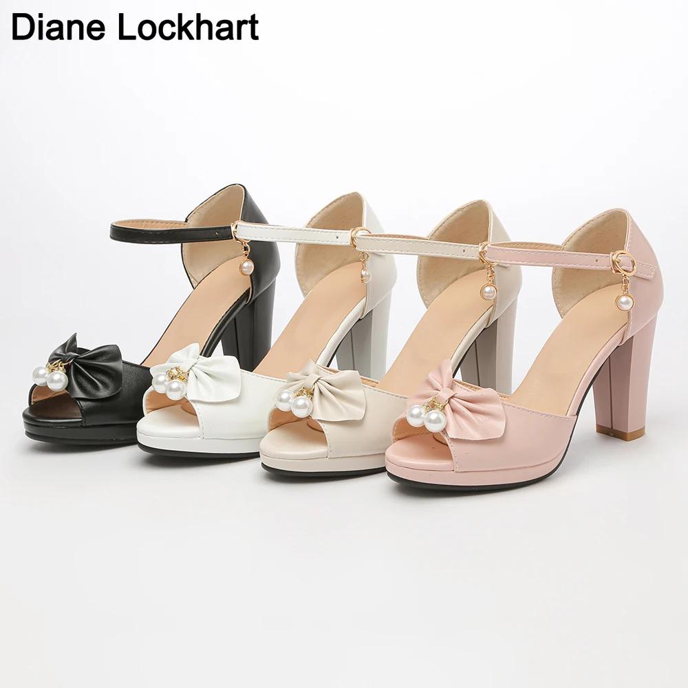 Fashion Summer Womens Bow Shoes Classic Pearl Pumps Fish Mouth High Heel Ladys Platform Sandals Evening Party Dress Wedding Shoes Femal