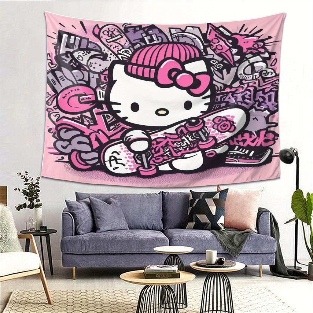 Kawaii Hello Kitty Pink Graffiti In Urban Streets Print Tapestry Bedroom Decoration Celebration Background Design Holiday Party
