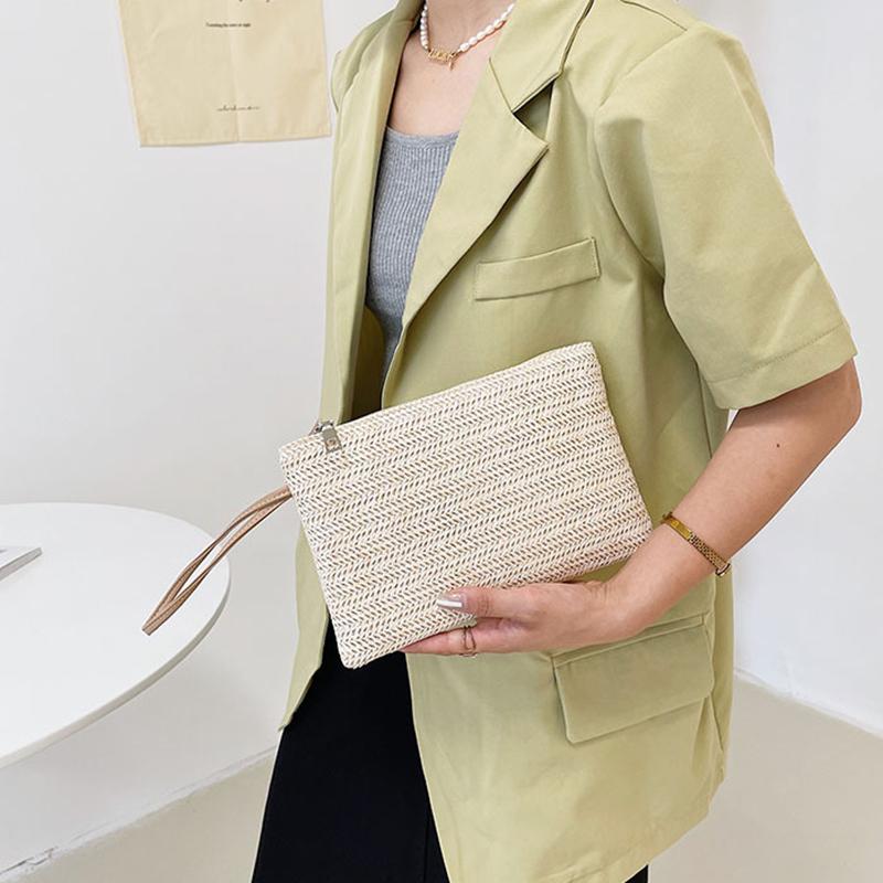 Genți de cosmetice țesute cu paie pentru femei Poșeta pentru monede Portofel pentru telefon Poșetă solidă pentru ruj de machiaj