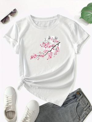 T-shirt med ledig ärm för sommar Damkläder Blommande landskap Blomtryck Rundhalsad T-shirt