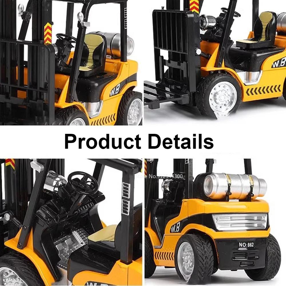 1:24 Crane Forklift Model Car Toy Diecast Metal Warehouse Lift Truck Sound Light Pull Back Adjustable Engineering Vehicle Models