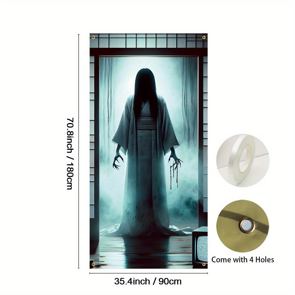1pc 2D Door Flag Halloween Welcome Door Flag - Evil Spirit White Dress Doll with Luminous Eyes