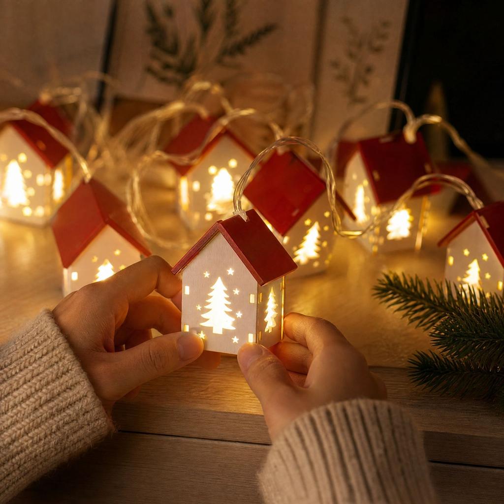 Wooden Christmas Decoration with Tree, Deer and Red House Design, Festive Tabletop Decorative Light