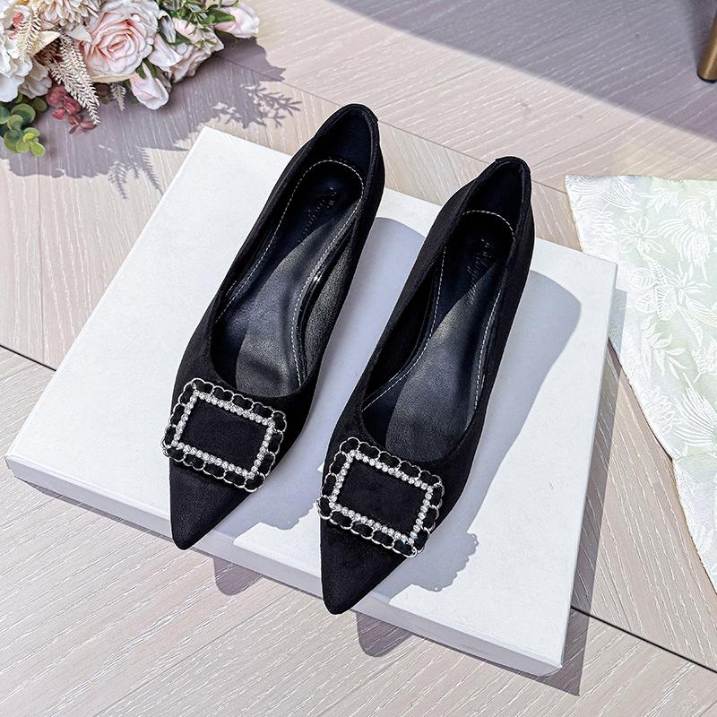 Pointed rhinestone square buckle high heels women's thin heels 2025 new spring and autumn women's shoes French temperament medium heel shallow mou