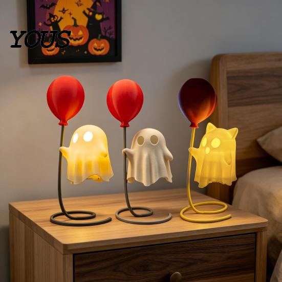 Balloon Ghost Figurine Cute with Balloon, Warm LED Night Light, Halloween Spooky Ornament Decoration for Bedroom Desk Table Centerpiece Cozy