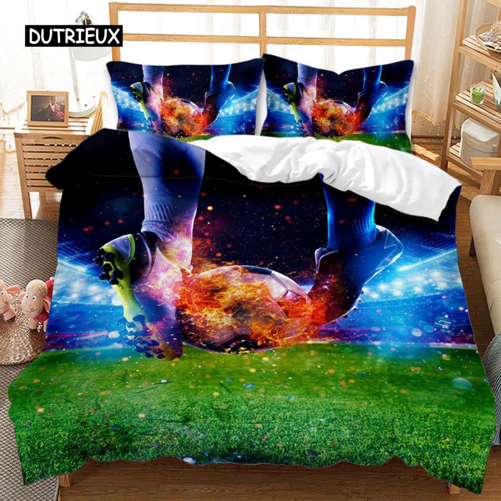 3D Football Duvet Cover Double King Queen Bedding Set 2/3pcs Quilt Cover with Zipper Closure King Size Polyester Comforter Cover