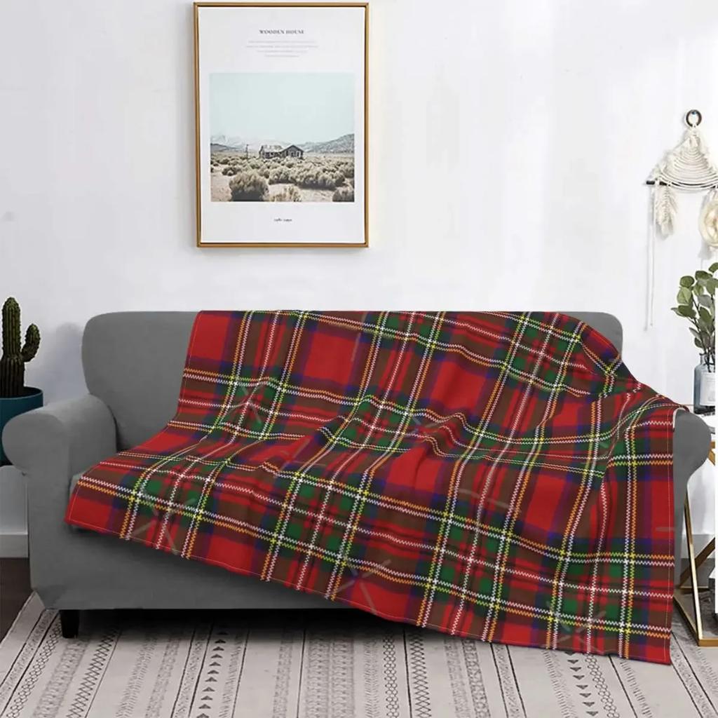 Manta de Tartán Rojo Clan Stewart, Manta de Franela Ultra Suave a Cuadros Ligera Decoración del Hogar Manta de Forro Polar para Hombres Mujeres Niños