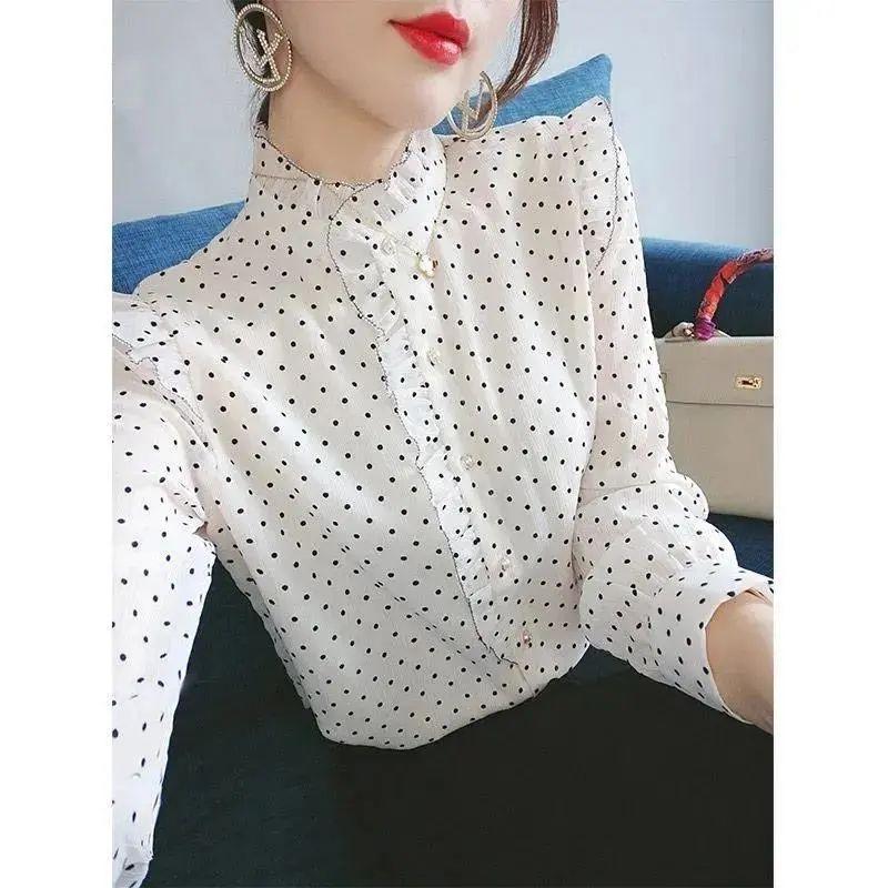 Polka Dot Shirt Women's New Fashion French Long Sleeve Bottoming Blouse Spring Autumn Loose Stand Collar OL Top M-4XL