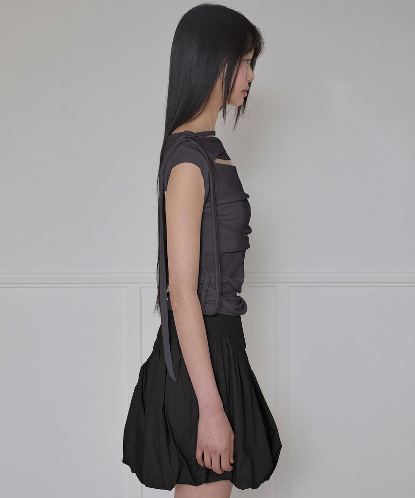 Peulleeoeob Asymmetrical Draped Strap Roll-Up T-Shirt (Fl-170_Charcoal)