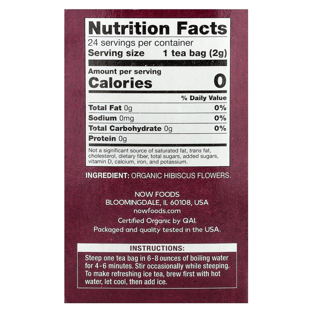 Now Foods Real Tea, Hibiscus Tea, Caffeine-Free, 24 Tea Bags, 48g (1.7 Oz)