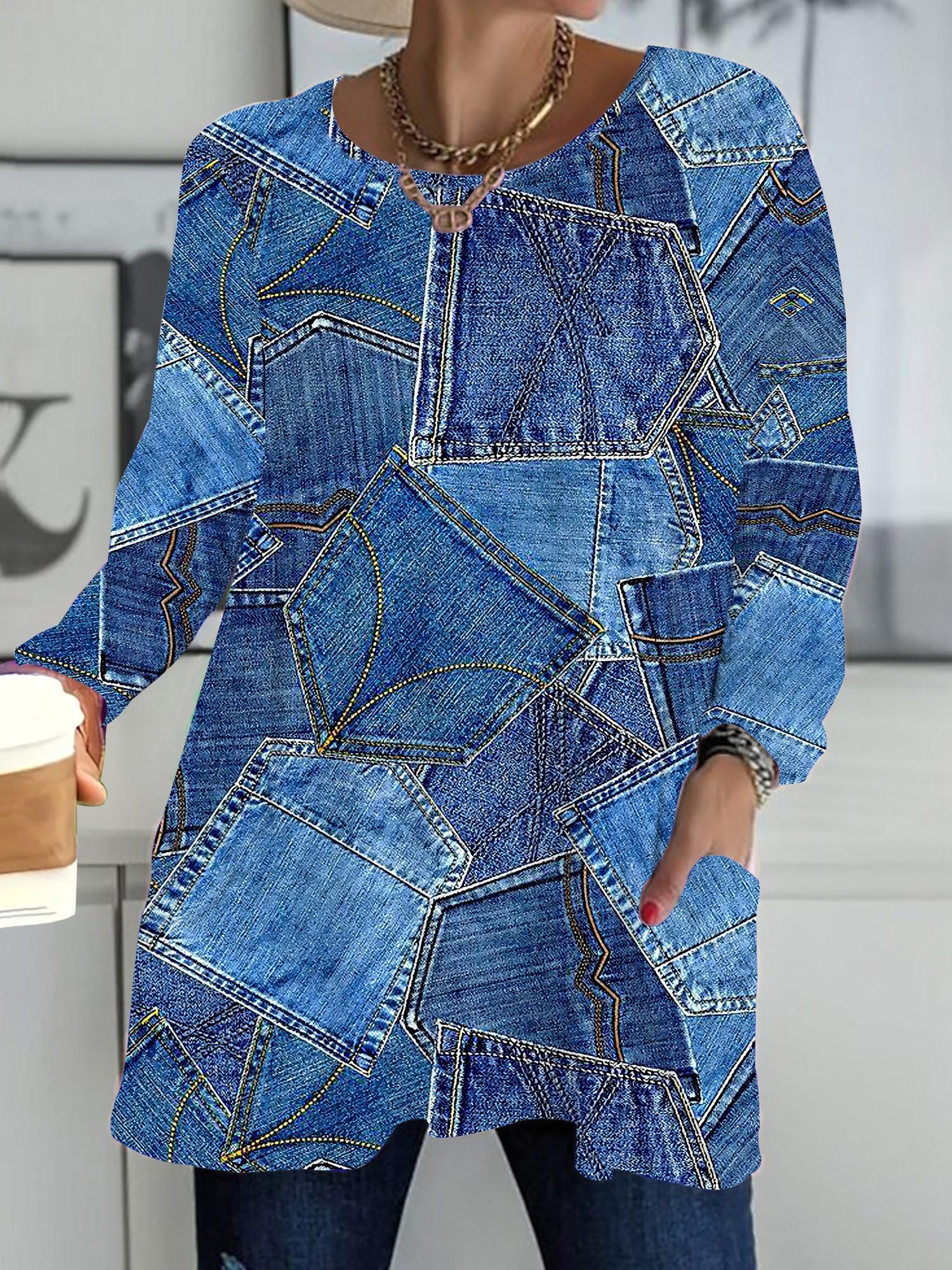 

2025 Осень Зима Новые Женские Топы Большого Размера, Модные Футболки с 3D-принтом в клетку, с круглым вырезом и длинным рукавом 6XL темно-синий