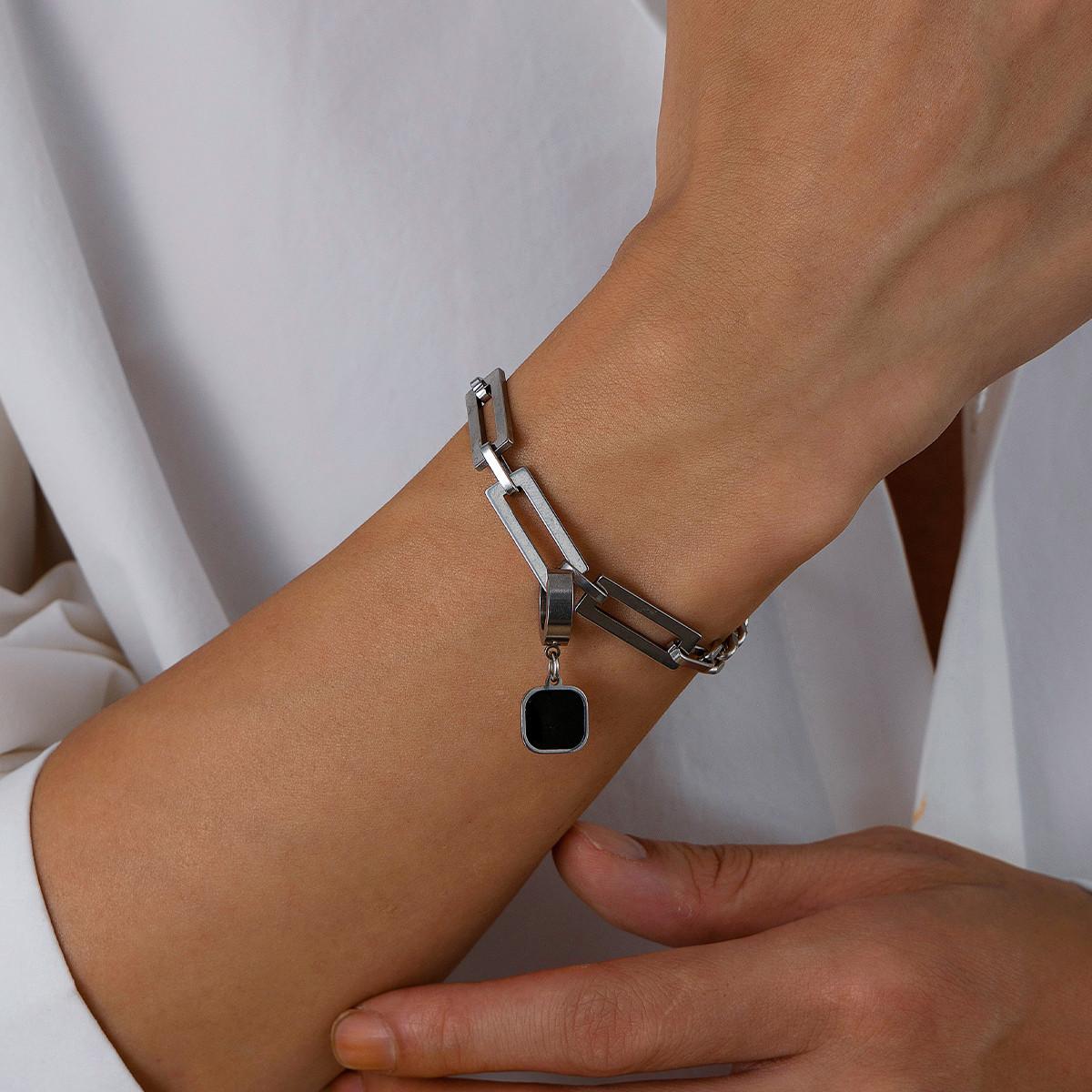 

SHIXIN Stainless Steel Black Square Pendant Necklace Bracelet for Men Trendy Cuban Chain Necklace Jewelry Set Male Collar Chain