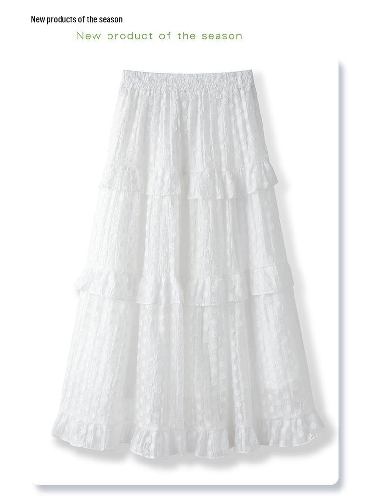 Damen Weißer Jacquard Pünktchen Rüschen Midi Rock - Sommer 2025 A-Linien Schirmdesign