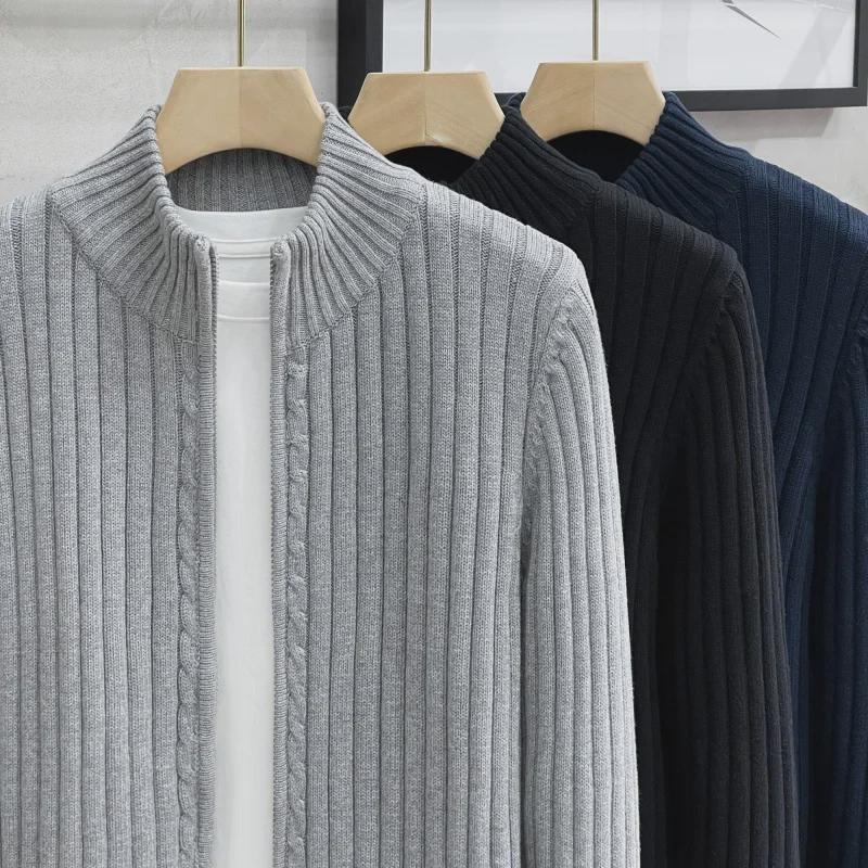 American Autumn/Winter Solid Color Zippered Knit Cardigan: Trendy Korean-Style Men's Outerwear