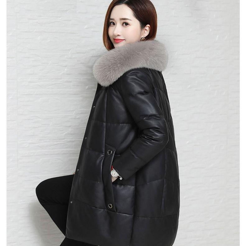 Cotton Jacket Women's Loose Autumn and Winter New Large Fur Collar Leather Jacket Large Size Thickened Cotton Jacket Medium and Long