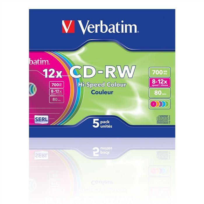 CD-RW Verbatim - Pack de 5 - Boitier Slim - 700 Mo - 80 min - Vitesse 12x