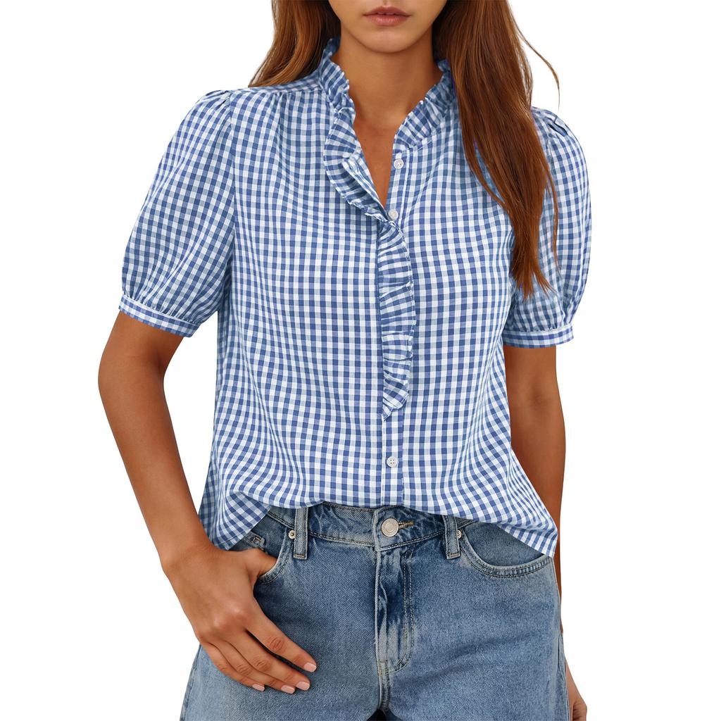 Damska Modna Koszulka T-shirt Top w Kratkę z Dekoltem V na Guziki, Codzienny, Lekki, Krótki Rękaw, z Falbanką