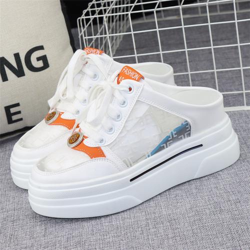 fashion Women Half Shoes Sneaker 2024 Summer Leather 8CM High Heels Slippers Casual Lace Up Woman Sneakers Shoes Fashion Summer Slippers